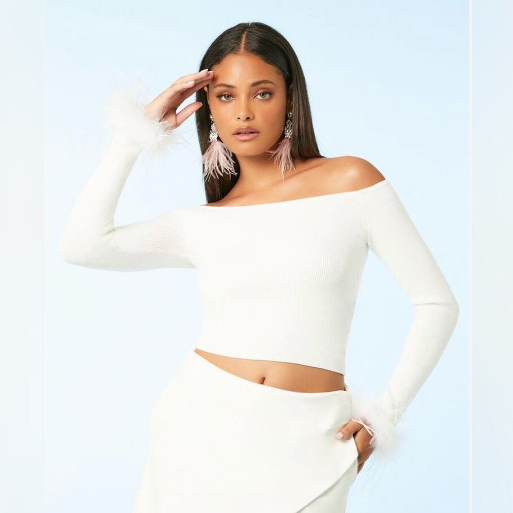 Knit Crop Sweater With Fur Large XL